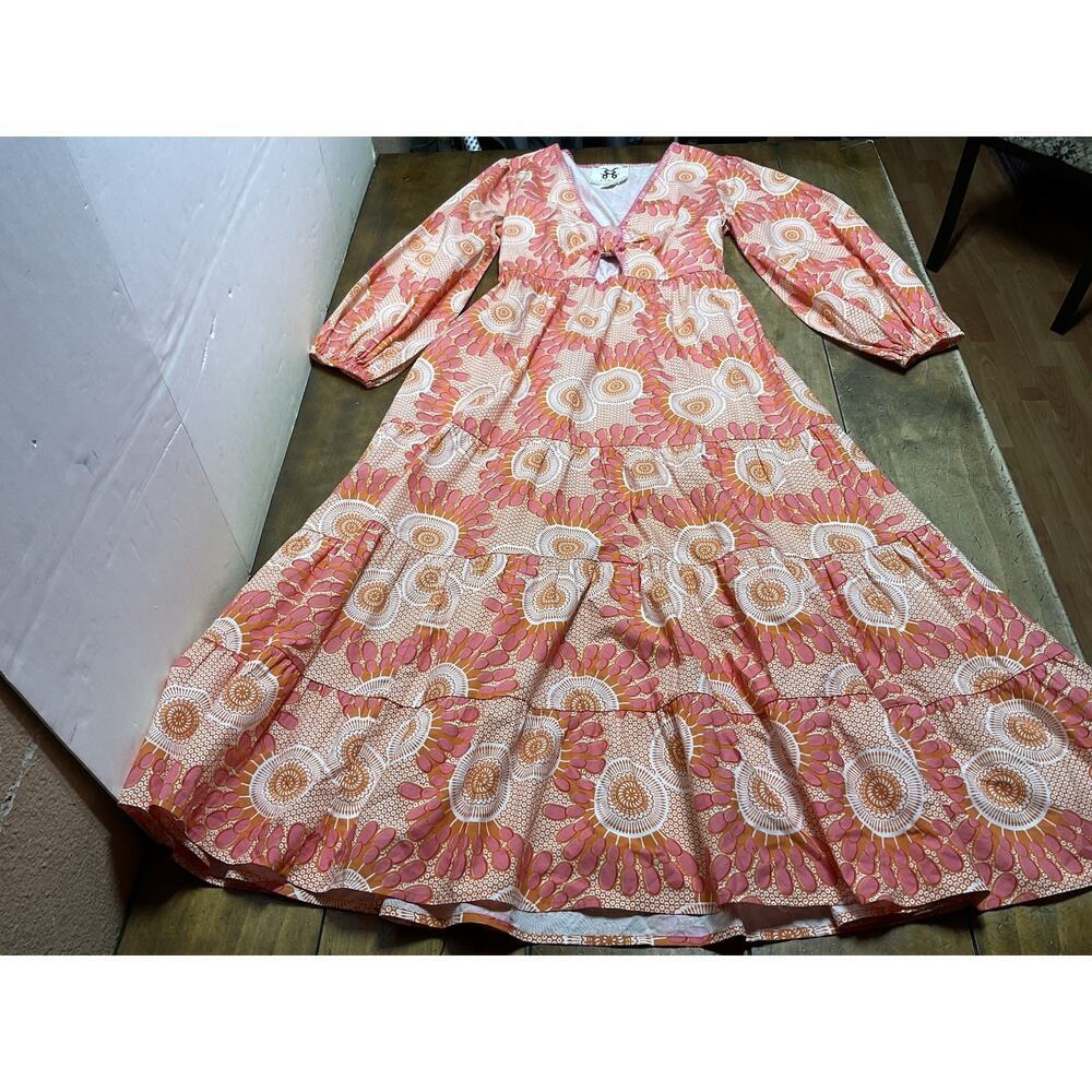 Figue Long Sleeve Cutout Cotton Maxi Dress Floral Boho Resort Pink Orange Sz S